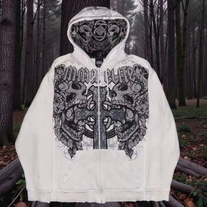 White Graphic Zip-Up Sweater